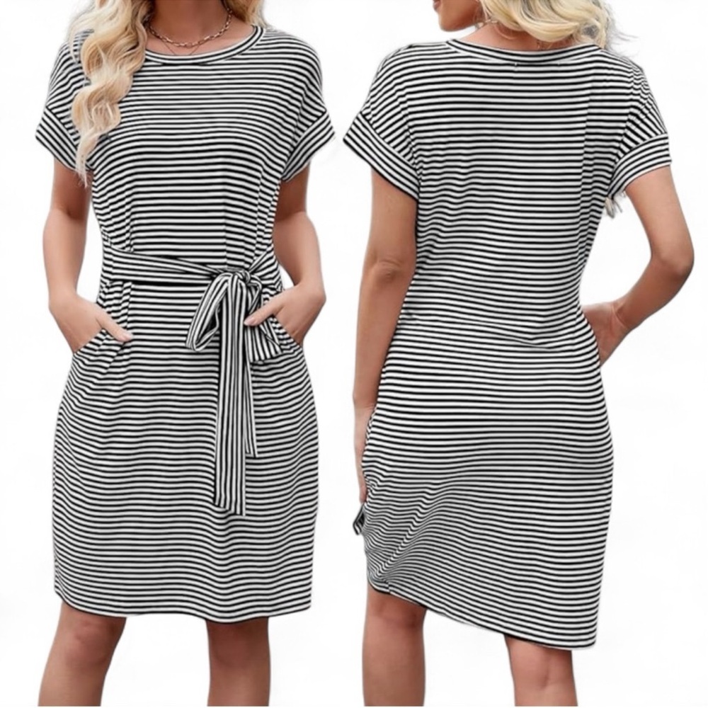 MEROKEETY Women's Striped Tie Waist Short Sleeve T-Shirt Dress With Pockets